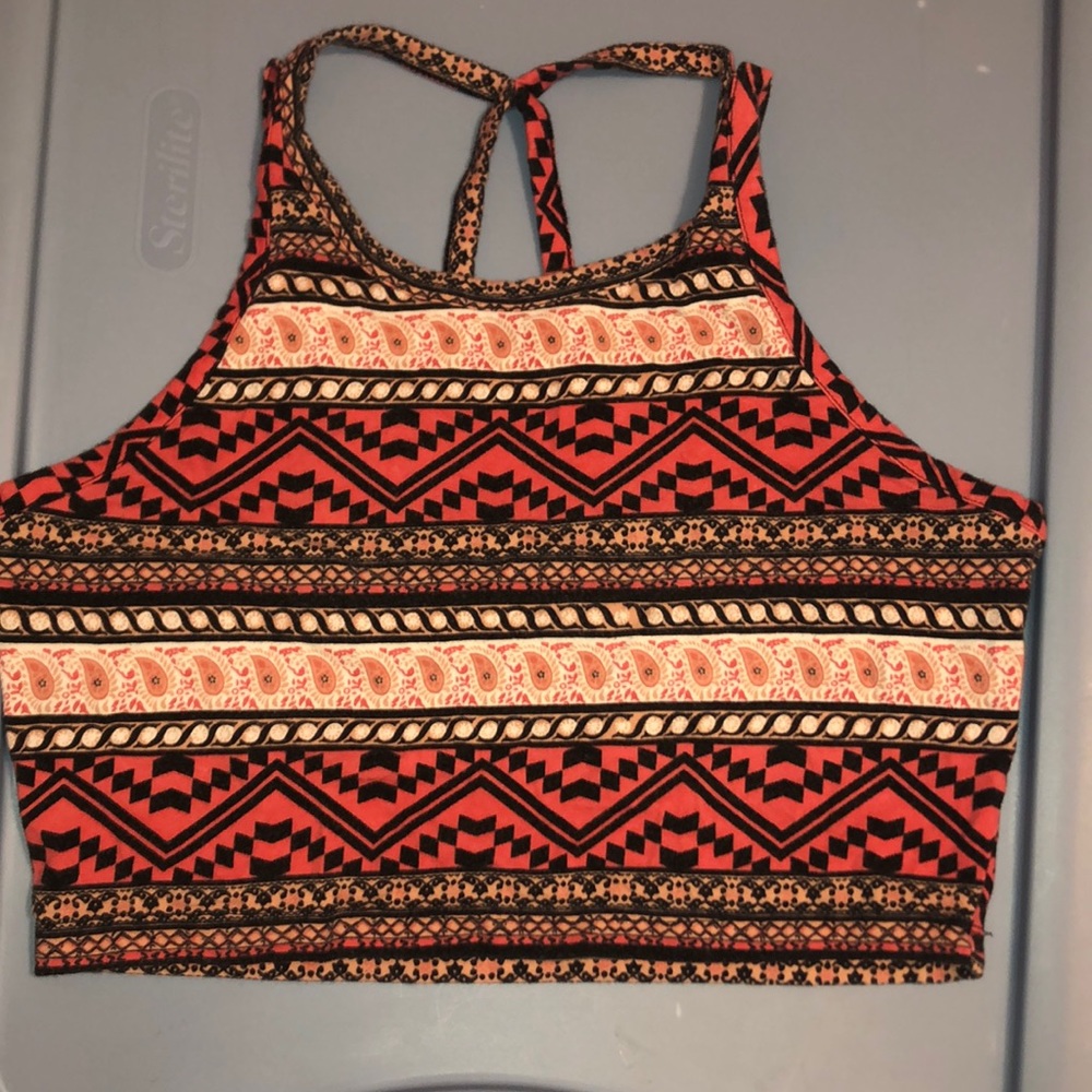 A Spring/ Summertime Crop Top. A black, rose pink, and white pattern design.